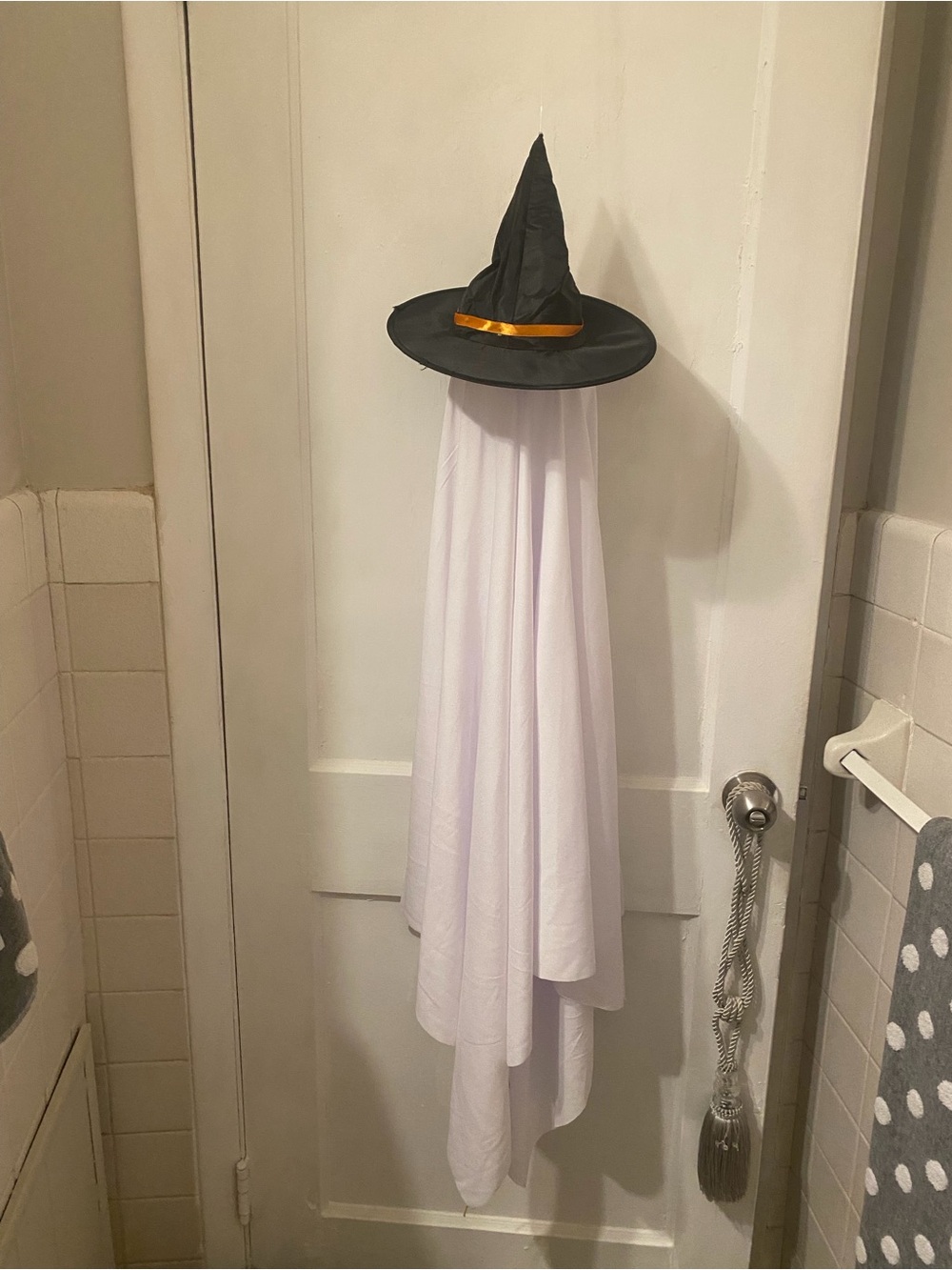 Black Witch Hat with White Ghost Drape — Halloween Door Accent